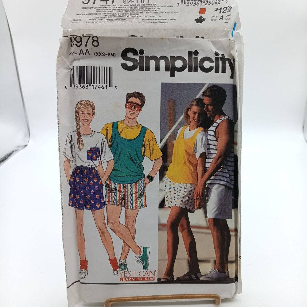 UNCUT Vintage 1990s Simplicity 9978 Unisex Shorts and Tops Sewing Pattern Sz AA